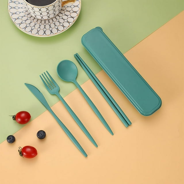 Zhuge Utensilios de viaje reutilizables con estuche, juego de 2 cubiertos portátiles para acampar para uso diario o al aire libre, verde oscuro