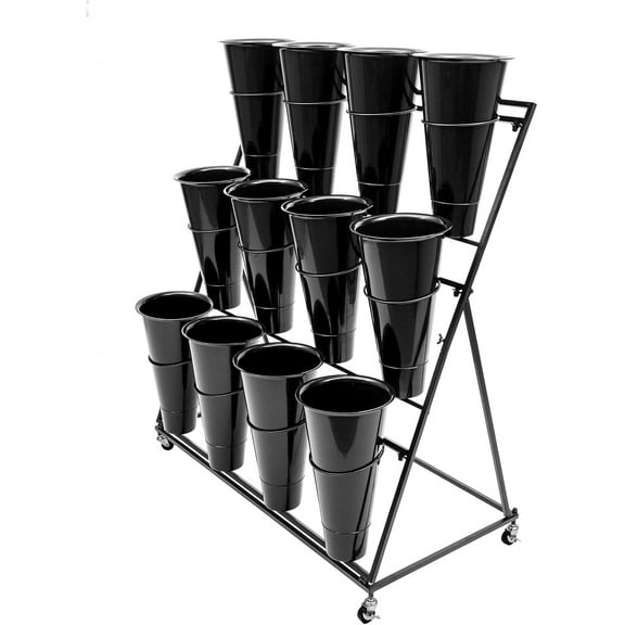 3 Layers Flower Display Stand, Heavy Duty Moving  Cart, Shelf Indoor Outdoor Flower Rack With 12pcs Buckets,Black, For Patio Garden, Outdoor