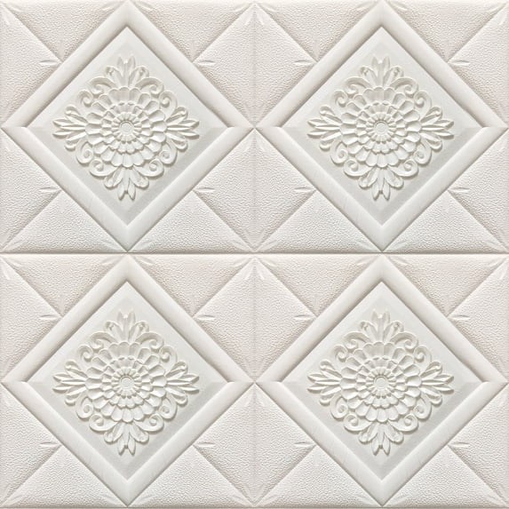 Dundee Deco Peel and Stick 3D Self Adhesive Foam Wallpaper - Off White Stylized Flowers in Diamonds, 2.3 ft x 2.3 ft
