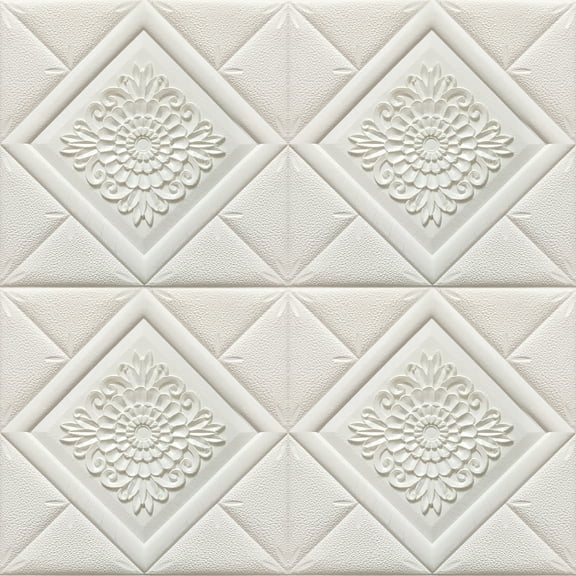 Dundee Deco Peel and Stick 3D Self Adhesive Foam Wallpaper - off White Stylized Flowers in Diamonds, 2.3 ft x 2.3 ft Each, 10-Pack