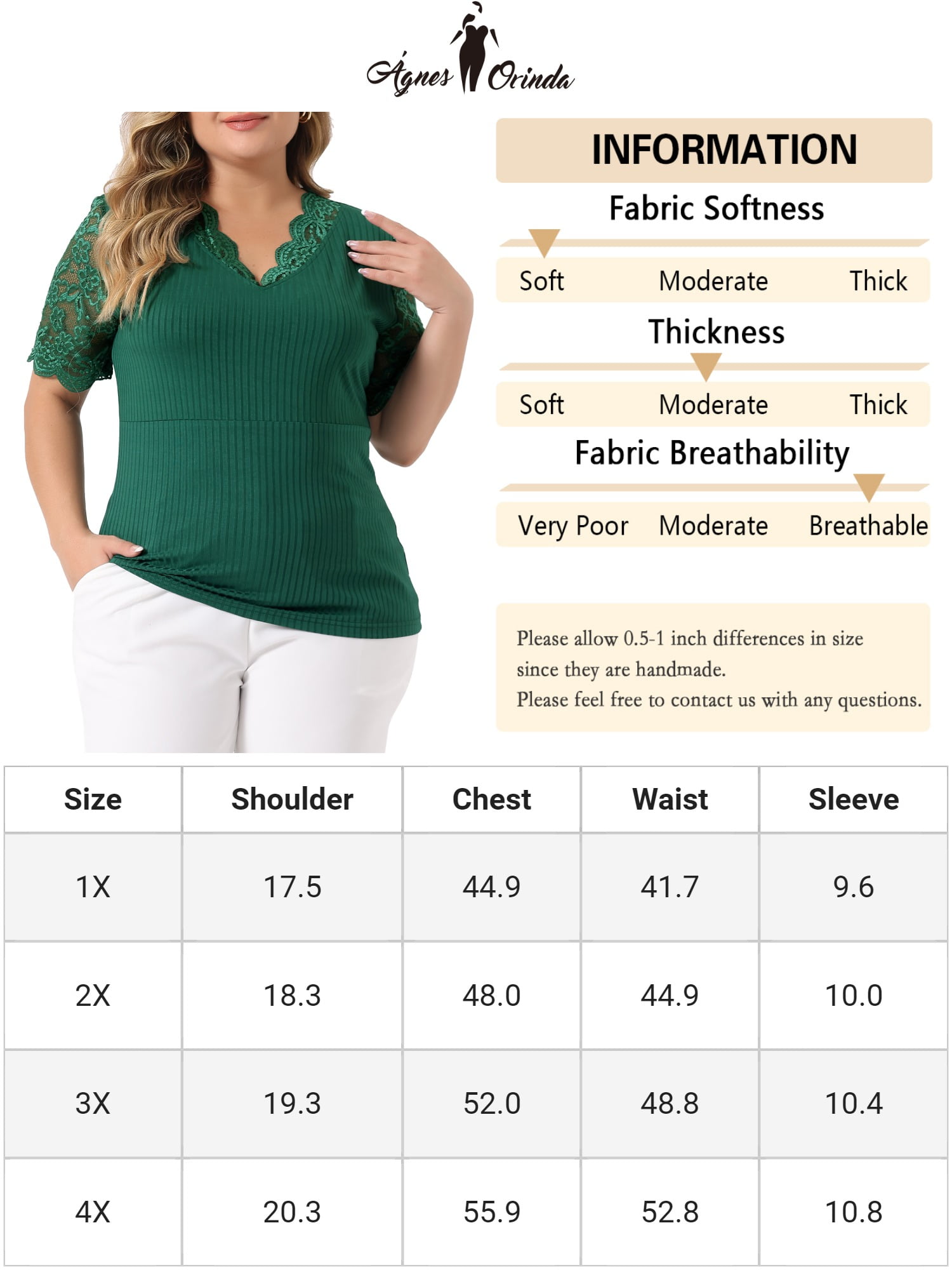 Unique Bargains Women's Plus Size Tops V Neck Elegant Lace Ribbed Knit Tunic Blouse 1X Green