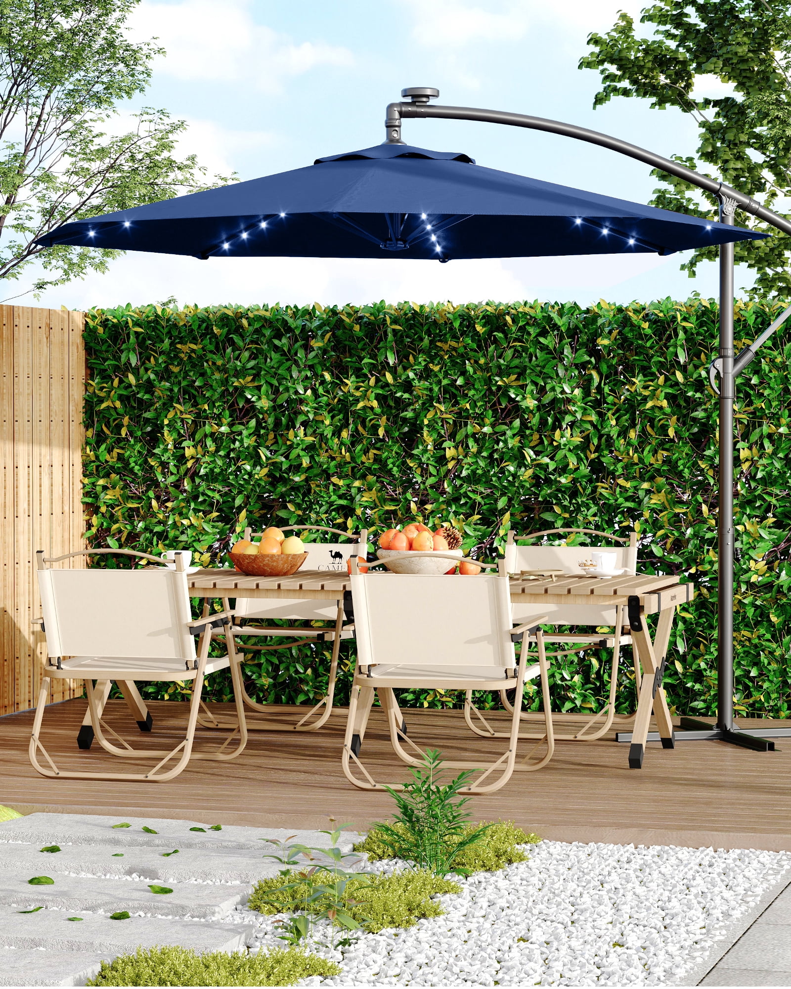 10ft Solar LED Offset Hanging Market Patio Umbrella for Backyard, Poolside, Lawn and Garden w/Easy Tilt Adjustment, UV Protection, Sturdy 8 Ribs - with 32 LED Lights