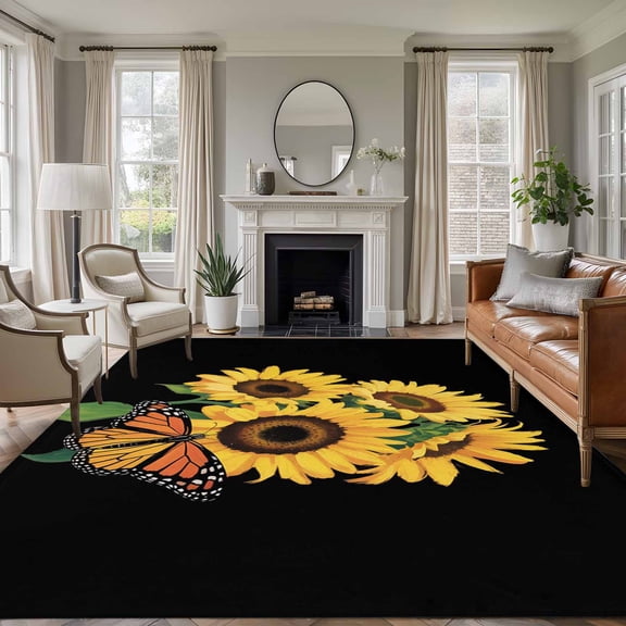 5'x7' Area Rugs for Living Room Bedroom, Yellow Sunflowers Washable Rug Carpet Runner Indoor Outdoor, Farmhouse Floral Leaves Butterfly Black Non Slip Floor Mats Area Rug for Kitchen, Nursery