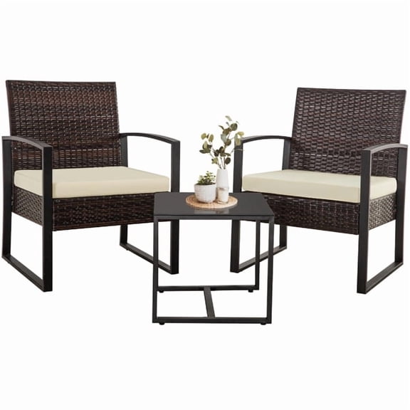 SHELLTON 3 Piece Outdoor PE Wicker Furniture Set, Patio Brown Rattan Sectional Sofa Couch with Washable Cushions