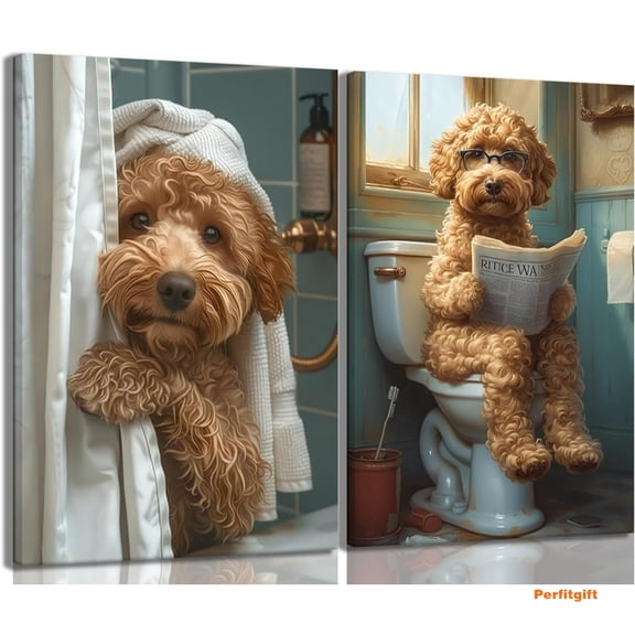 Funny Bathroom Canvas Wall Art-Set of 2 Poodle On Toilet Reading Newspaper Wall Decor Goldendoodle In Shower Humor Animal Poster Picture for Dog Lovers Restroom Ideas Decor 12x16 Inch Framed