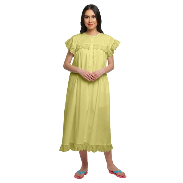 Moomaya Cotton Short Sleeve Nightdress For Ladies Solid Button Placket Nightwear