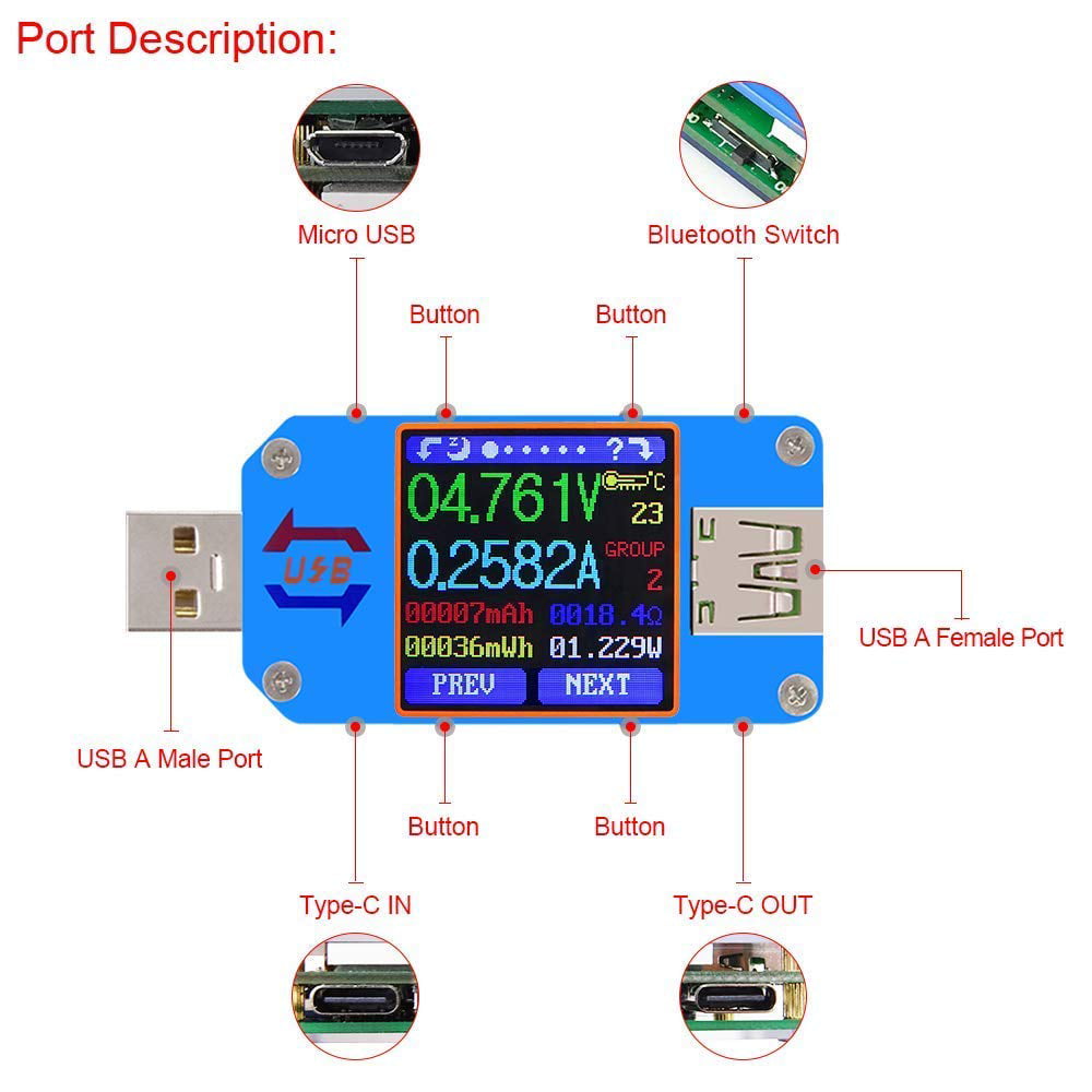 1.44inch UM25 UM25C USB 2.0 Type-C Color LCD Meter Voltmeter Ammeter Tester 