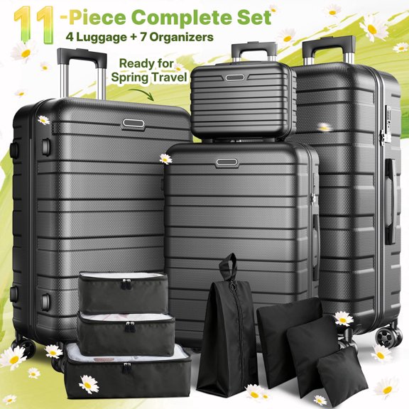 11-Piece Hardshell Luggage Set, 28/24/20 Spinner Suitcase, Carry-on, Toiletry Bag & Packing Cubes, Durable Travel Set with 360° Wheels & Lock