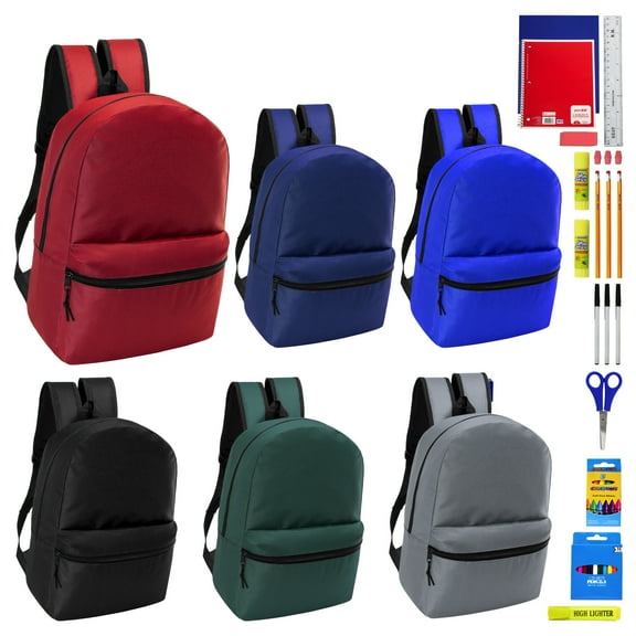 17" Basic Wholesale Backpack in 6 Colors & 34 Pieces School Supplies