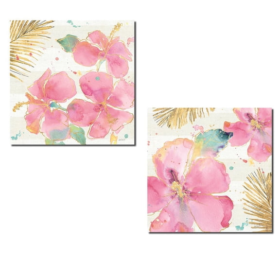 Tropical Pink and Gold Hibiscus Adult/Teen Floral Decor; 2 - 12" x 12" Unframed Prints