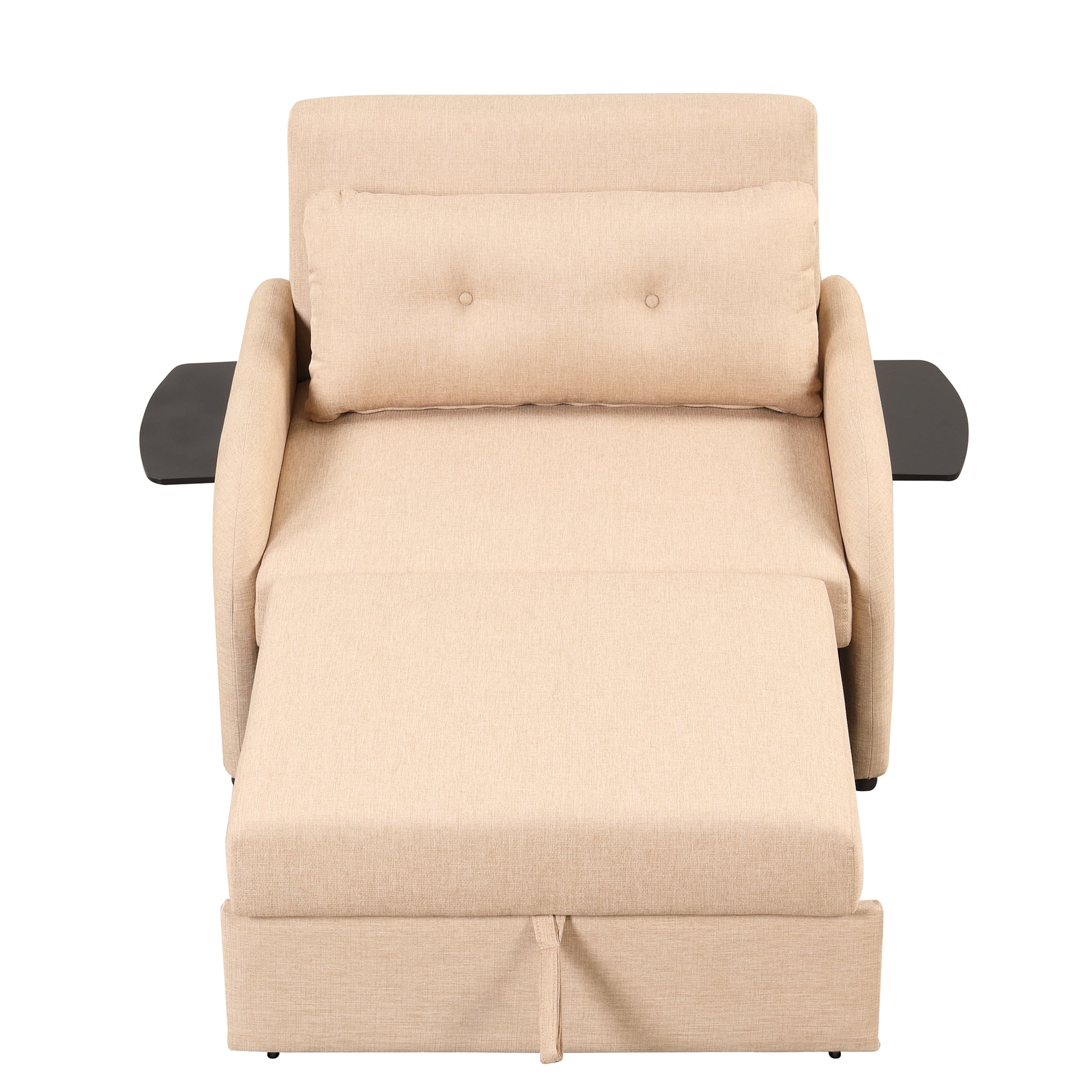 Pull Out Sofa Sleeper with Adjustable Backrest, 3 in 1 Multifunctional Sofa Bed with 2 Wing Table Side Pocket and USB Charge, Linen Fabric, for Living Room, Recreation Room, Beige