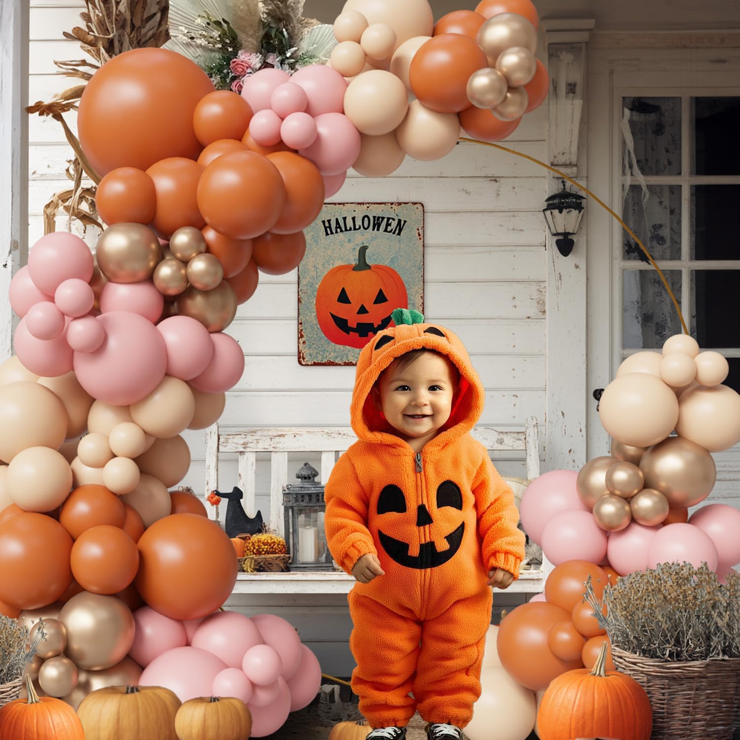 145PCS Fall Pink Balloon Arch Kit – Boho Baby Shower Decorations for Girl, Burnt Orange Nude Pink Balloons, Pumpkin Themed Fall Balloon Garland, Dusty Pink Balloons for Autumn Party
