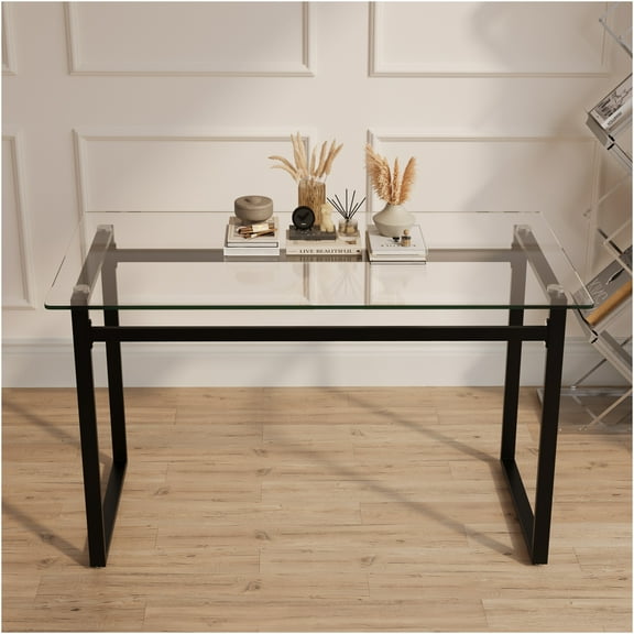 JERFIT Modern Glass Dining Table for 4-6 Persons, Minimalist Rectangular Kitchen Table with Black Metal Base, Tempered Glass Top Desk for Dining Room, Living Area