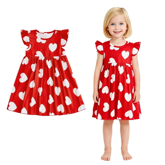 Toddler Valentines Dress for Girls Heart Print Ruffle Sleeve Swing A-Line Casual Sundress Spring Dresses Girl Party Dress 2-3 Years