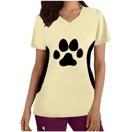 

JGGSPWM Women s Scrub Tops V Neck Short Sleeve Tees Pet Lover Blouse Medical Uniform Cat Claw Print Nursing Workwear T-shirts Yellow XL