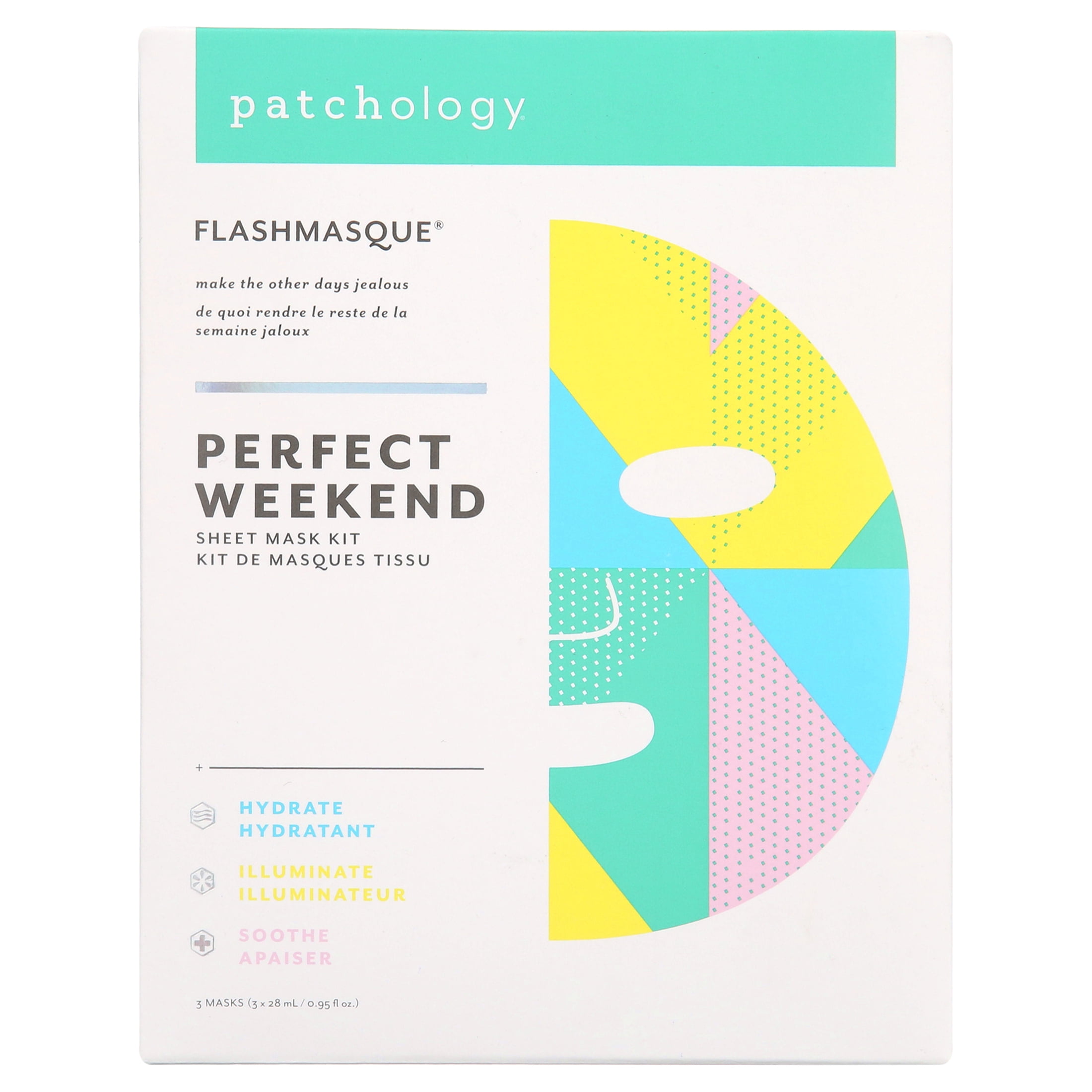 Patchology Perfect Weekend FlashMasque Face Mask Kit for Beauty Skincare, 0.95 fl oz (3 Pack)