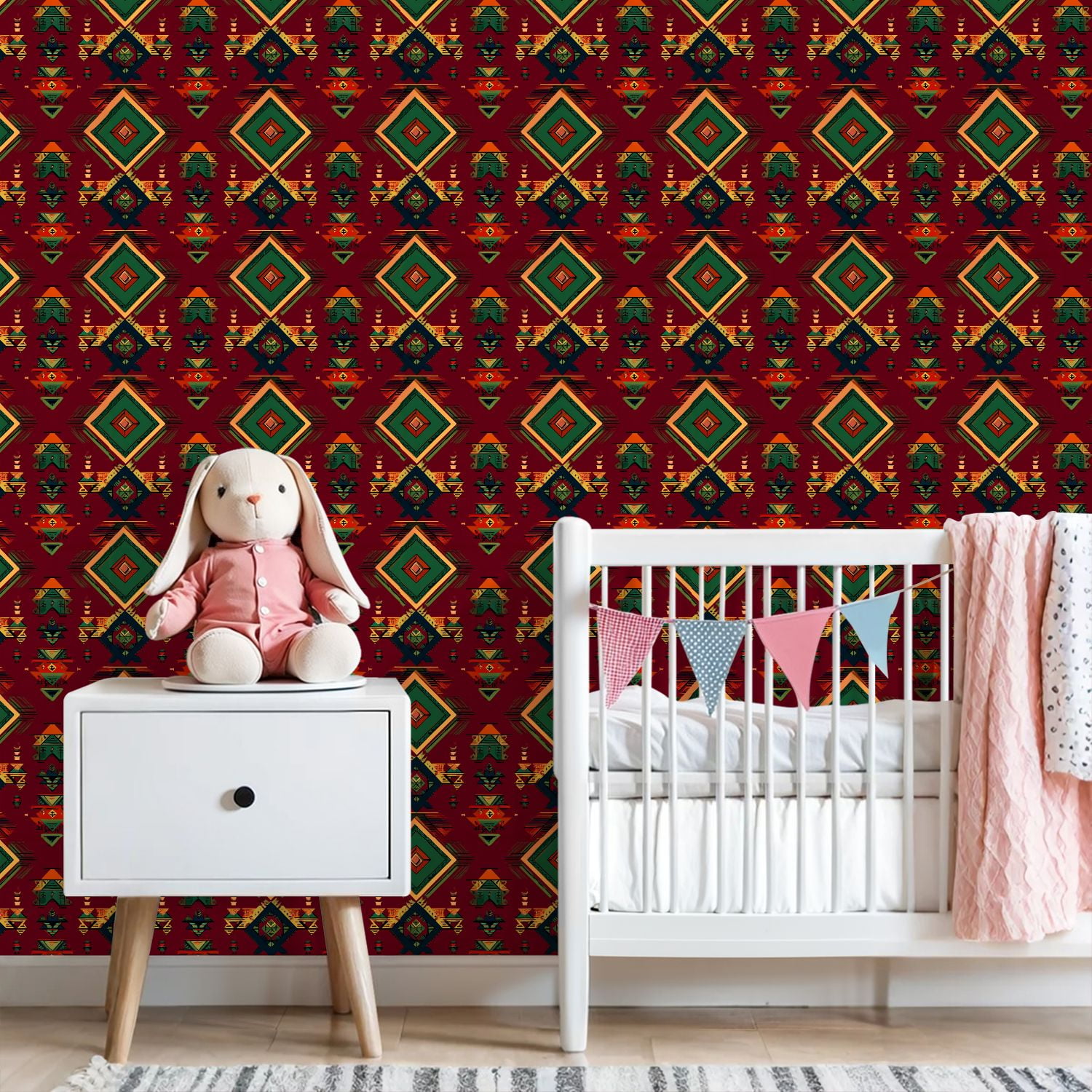Peel and Stick Wallpaper Geometric Abstract Diamonds Triangles Bold Red Green Tone Wall Mural 23.6in x 9.8ft Self Adhesive Removable Wall Paper Renter Friendly Wallpaper for Nursery Bedroom Cabinets