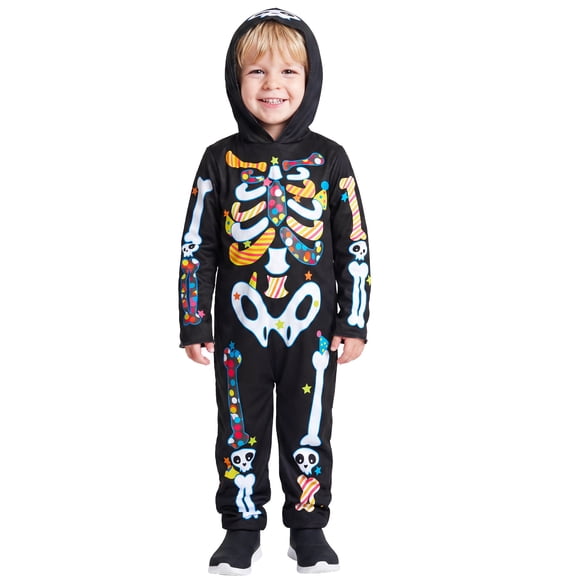 Toddler Boys Skeleton Costume, Colorful Bones Jumpsuit Bodysuit Hood for Halloween 2-6 Years