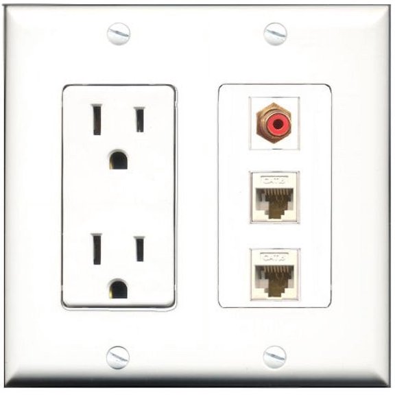 RiteAV - 15 Amp Power Outlet 1 Port RCA Red 2 Port Cat6 Ethernet Ethernet White Decorative Wall Plate