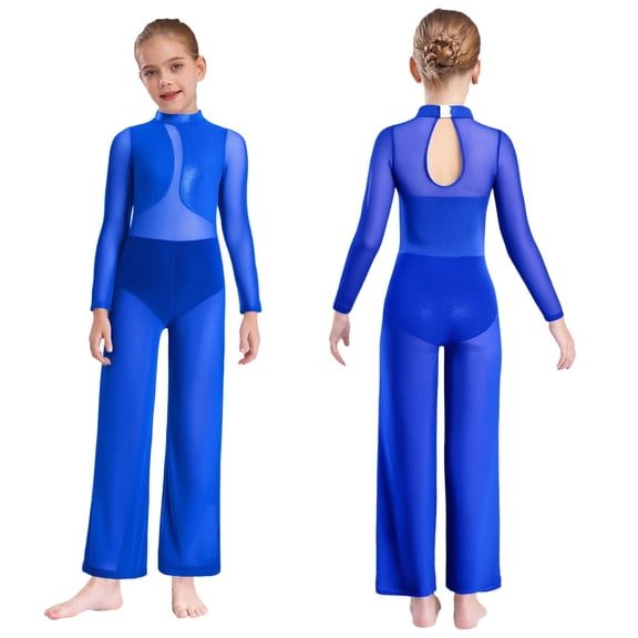 Doomiva Kids Girls Full Body Dance Unitards Metallic Long Sleeve Mesh Splice Ballet Bodysuit Skating Jumpsuit Dancewear Blue 8