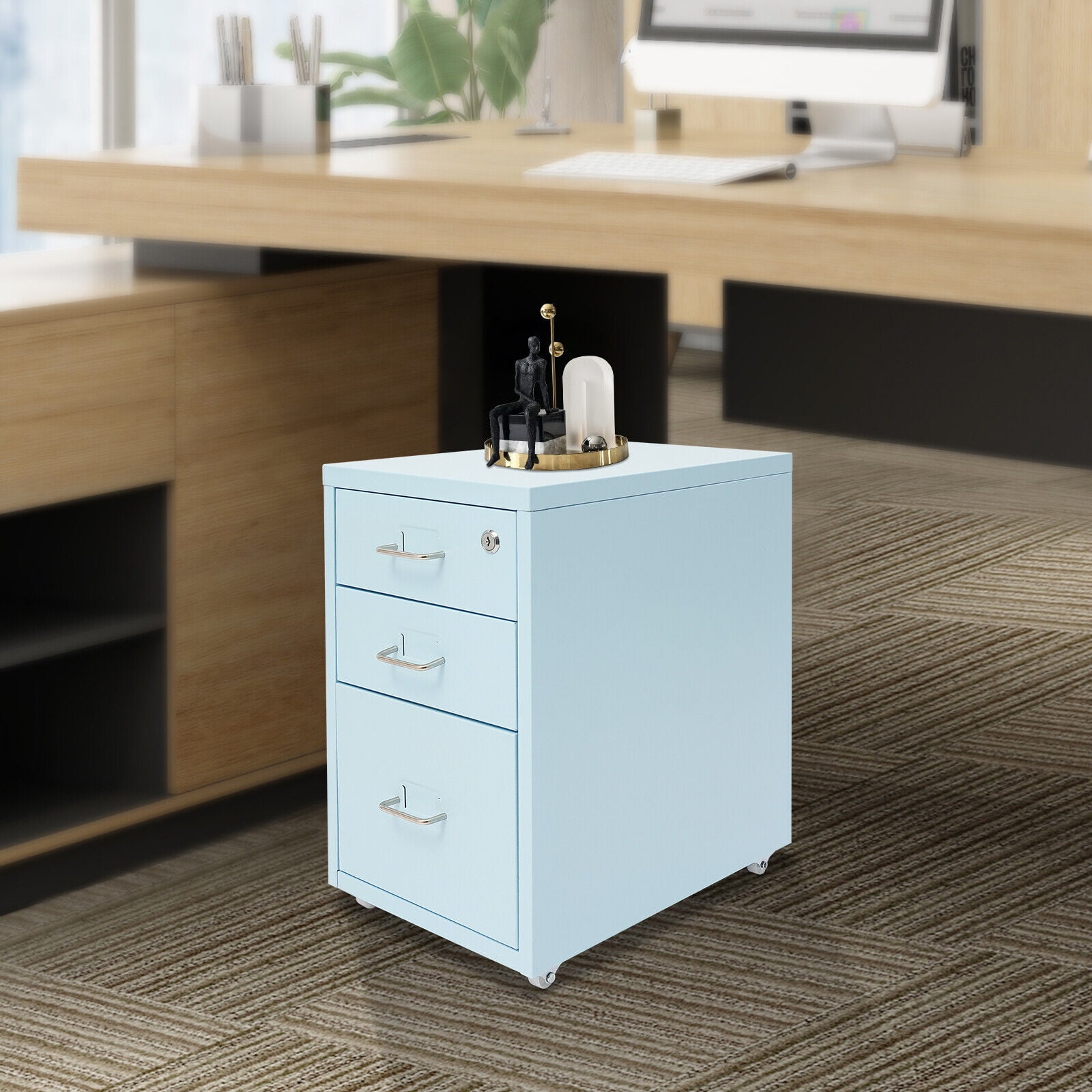 TFCFL 3 Tier Rolling File Cabinet Drawers Organizer Office Lockable Filing Organizer with 4 Wheels