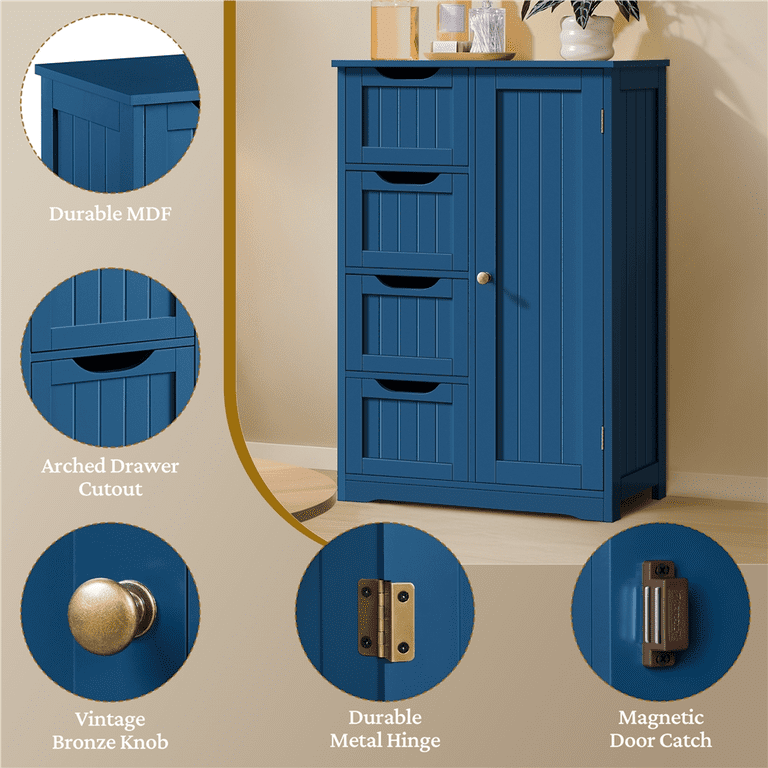 Renwick Wooden Storage Cabinet with 4 Drawers for Bathroom, Navy