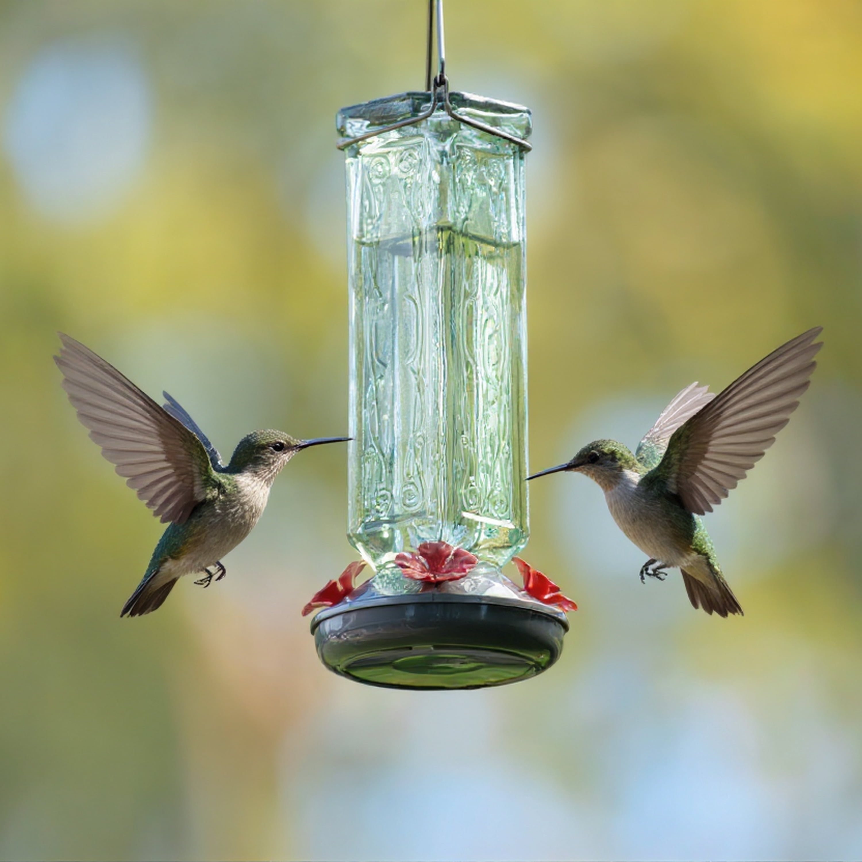 More Birds Kristina Green Vintage Glass Bottle Hummingbird Feeder with 4 Ports, 19 fl oz Nectar Capacity