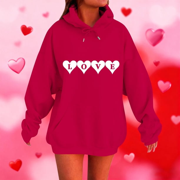 RKSTN Valentine Gift Woem's Valentines Heart Print Hoodies Plus Size Drawstring Hooded Sweatshirt Top Womens Casual Solid Overszied Graphic Printed Loose Comfy Hood Fall Spring Clothes