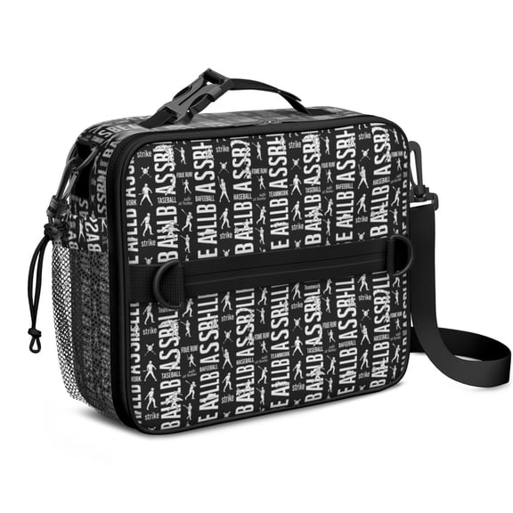 Baseballs Quotes Black Pattern Insulated Lunch Bag with Shoulder Strap and Bottle Holder,Bento School Lunch Bag Box,11x9.5x3.5 Inches