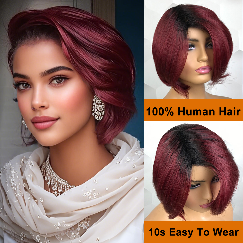 Ombre Butgundy Red Color Short Bob 100% Human Hair Full Machine Made Wig Easy To Put On And Take Off Sport Side Part Pixie Cut Natural Black 99j Remy Brazilian Human Hair No Lace Wig For Women