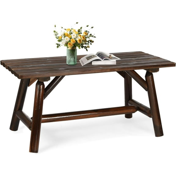 Outdoor Coffee Table, Thick Wooden Patio Adirondack Coffee Table with Slatted Tabletop, Solid Wood Rustic Rectangle Center Table for Deck, Garden, Balcony, Indoor or Outdoor Use, Carbonized