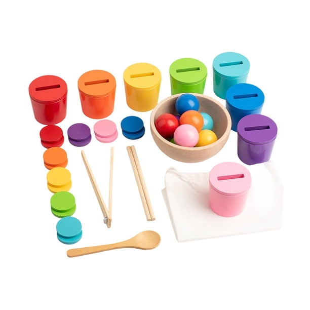 Bolas de arcoíris en vasos: juguete de clasificación por colores para niños de 3 años o más. Ejercicios educativos. Juego de clasificación de madera