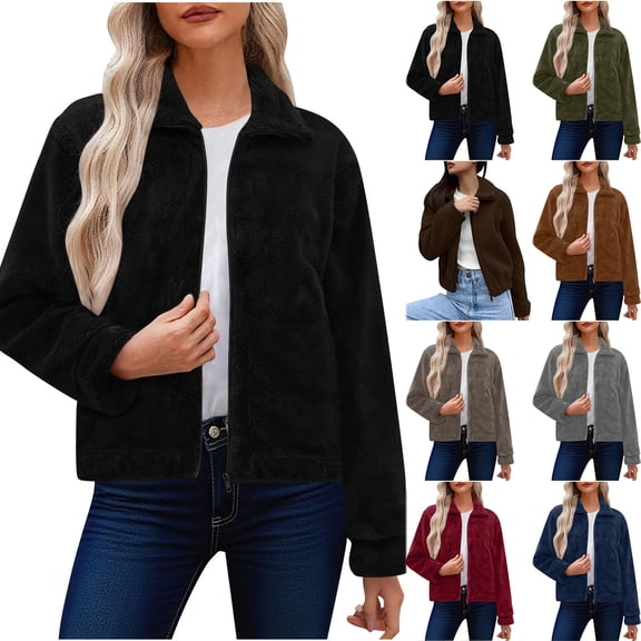 Otntypg Fuzzy Cropped Jacket for Women Full Zip Up Fleece Coat Long Sleeve Fall Winter Sherpa Thick Warm Outerwear with Pockets Black XXL
