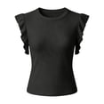 thumbnail image 4 of Womens Ruffle Short Sleeve Shirts Slim Fit High Neck Knit Ribbed Tops Casual Trendy T Shirts Blouses(Black,XXL), 4 of 4