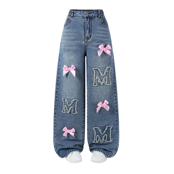 XFeng Girls Light Wash Wide Leg Jeans Elastic Waist Pink Bow Love You Embroidery Baggy Denim Pants Back To School