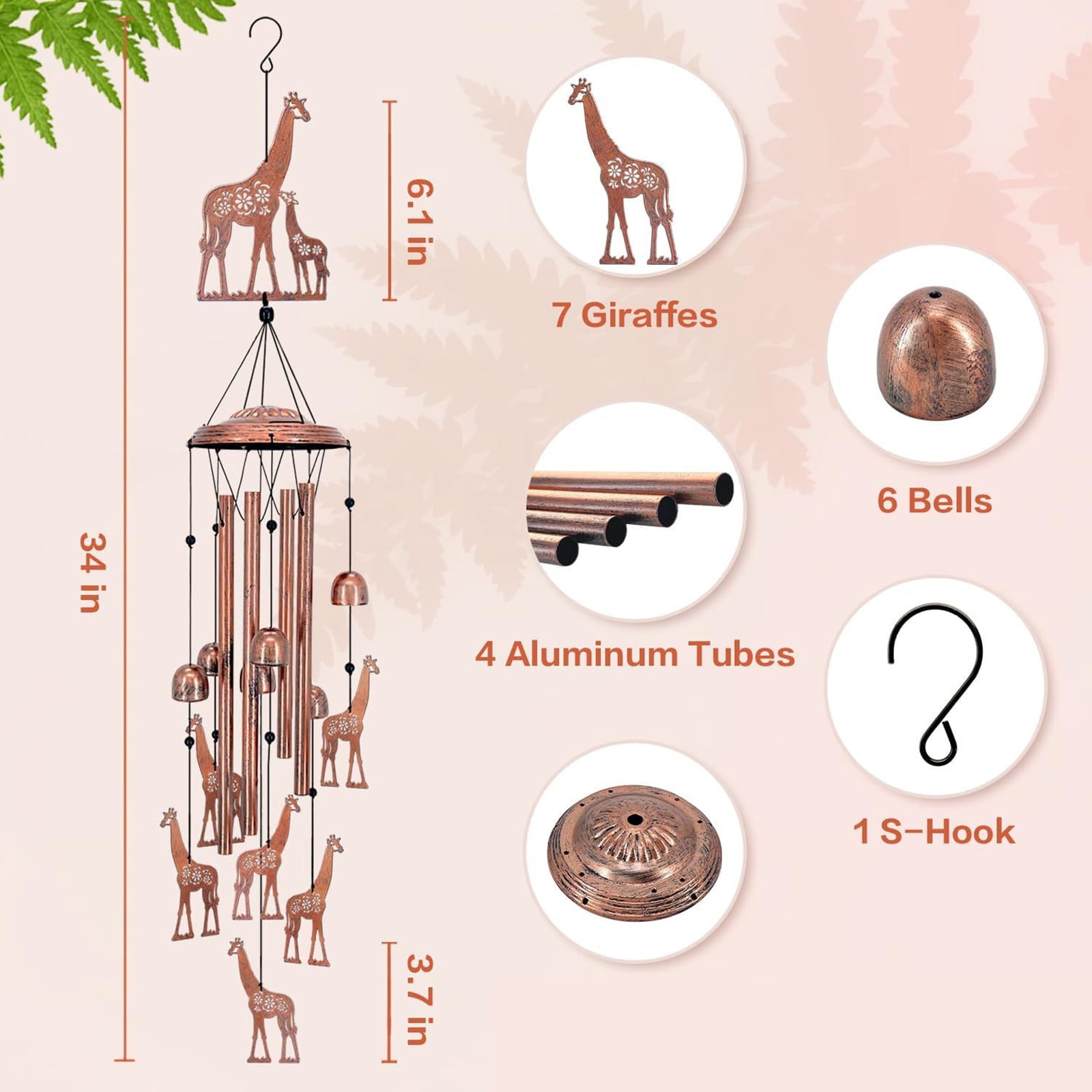 Yucurem Giraffe Wind Chime for Outside, Handmade Metal Garden Wind Chimes, Melodic Weatherproof Wind Bell for Patio Porch Decor