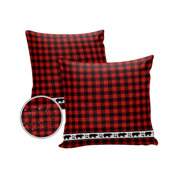 Pack of 2 Outdoor Pillow Covers, Red and Black Buffalo Plaid with Forest Bear Footprints Waterproof Square Throw Pillowcase Cushion Decorative Pillow Covers for Couch Patio Tent, 18x18 in
