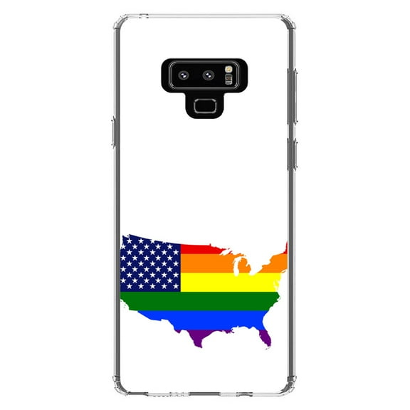 DistinctInk Clear Shockproof Hybrid Case for Samsung Galaxy Note 9 - TPU Bumper, Acrylic Back, Tempered Glass Screen Protector - US Map Gay Pride Flag - LGBTQ Support