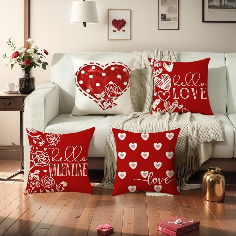 Valentines Day Pillow Covers 20 x 20 Inch Set of 4 Big Red Polka Dot Heart Small Hearts Pattern Valentine Throw Pillows Decorative Cushion Cases Valentines Decor