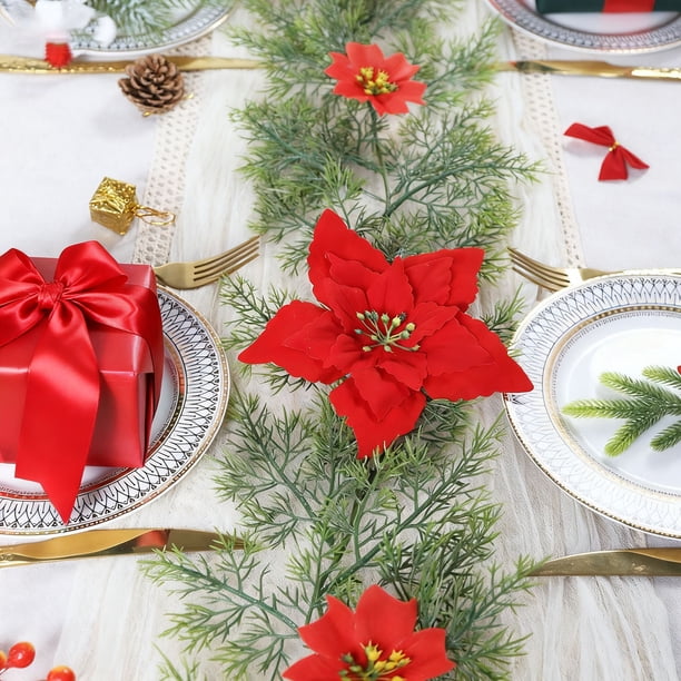Pinos y Canes de Navidad, Ramas de Navidad con Luces, Tres Colores de Flor, Cabezas de Flor Rojas, para Decoración de Hogar y Jardín, Perfectos para Exterior, Resistente al Clima, Iluminación LED,