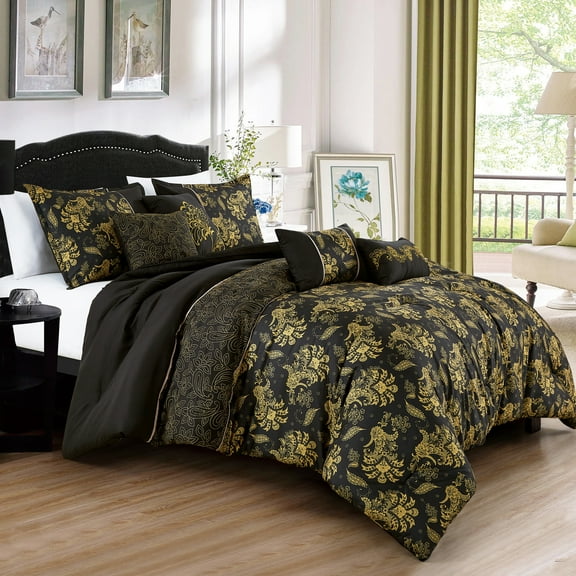 Luxury 7-Piece Black and Gold Floral Comforter Set, Elegant Embroidered Bedding with Decorative Pillows, Queen