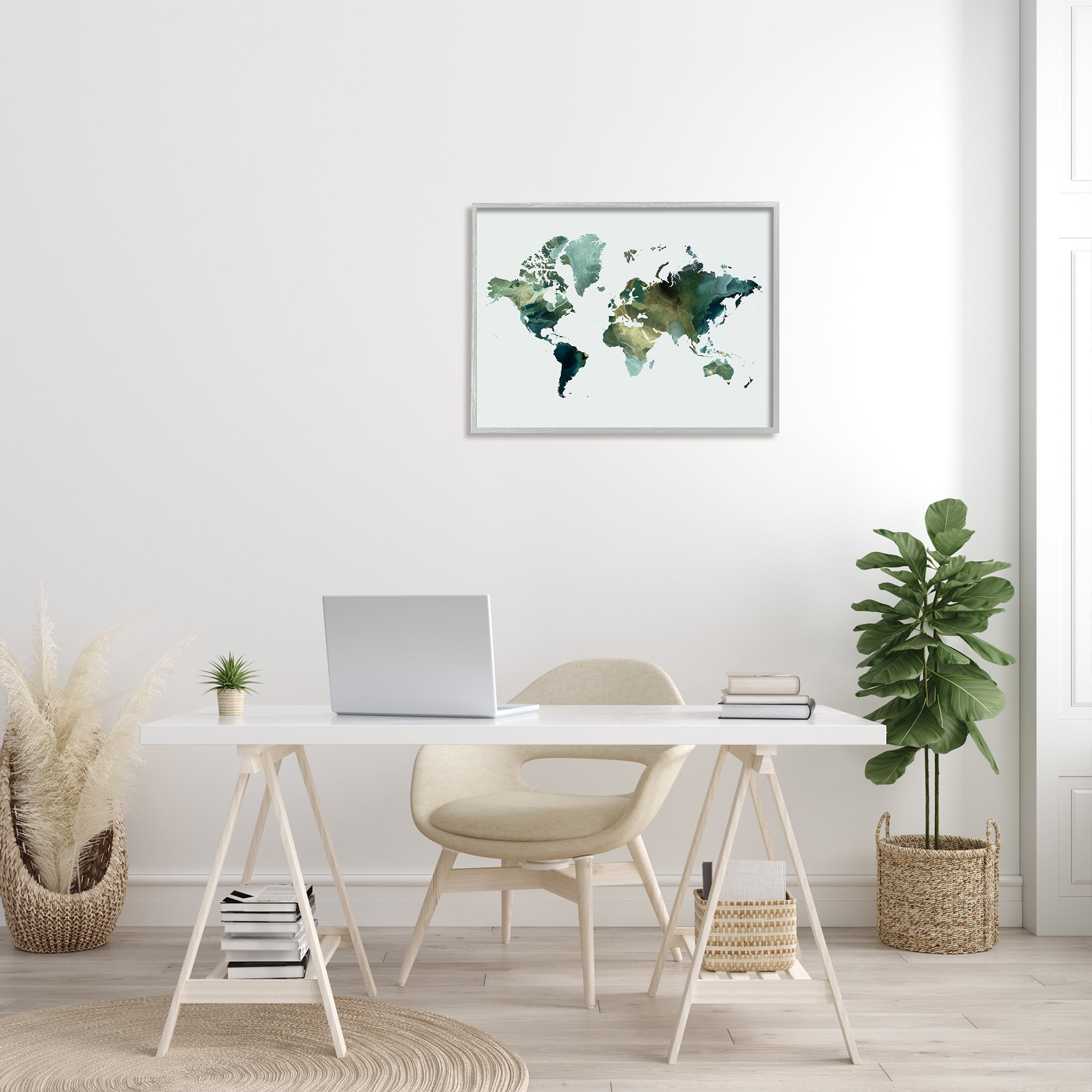 Stupell Green Toned World Map Travel & Places Painting Gray Framed Art Print Wall Art