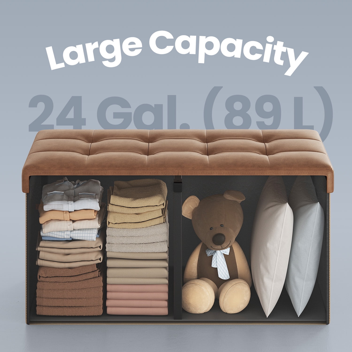 LEDREM Storage Ottoman - 30" Flip-Top Bench, 660lb Capacity, 24-Gallon Storage, Synthetic Leather, Multi-Functional, Coffee Brown