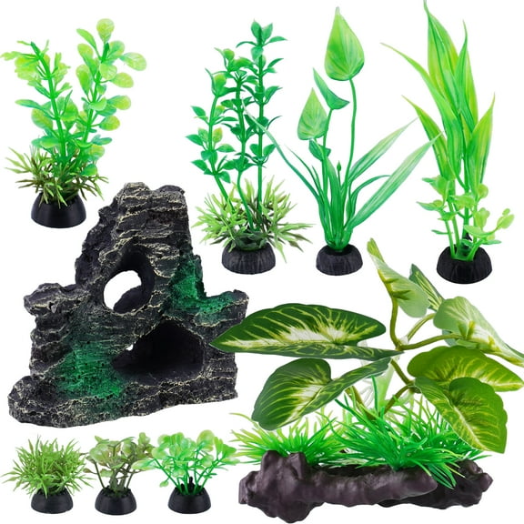 NiHome 9PCS Realistic Aquarium Artificial Plant Decoration Set, Weighted Base Driftwood, Rock Mountain & Aquatic Plants, Non-Fading Aquascape Greenery Ornaments for Freshwater or Saltwater Fish Tanks