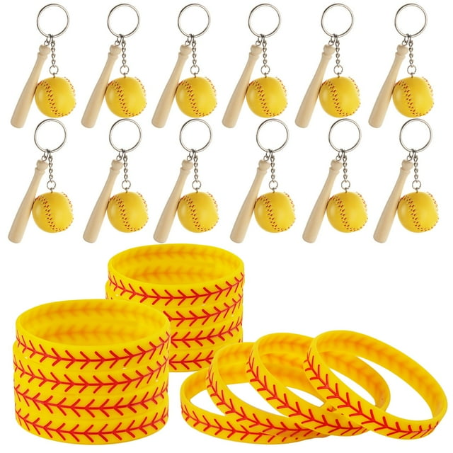 24Pcs Softball Keychain& Wristlets Set with Wooden Bat & Souvenirs Bracelets for Girls Boys