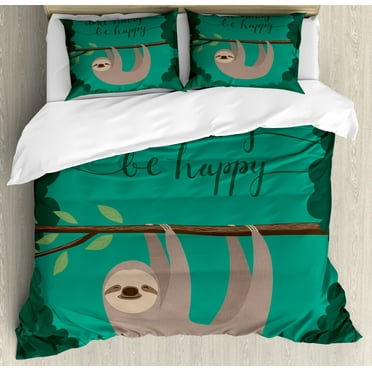 Nursery Duvet Cover Set King Size, Illustration of a Lazy Sloth Hanging on a Tree with Do Not Hurry Be Happy Text, Decorative 3 Piece Bedding Set with 2 Pillow Shams, Multicolor, by Ambesonne