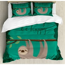 Nursery Duvet Cover Set King Size, Illustration of a Lazy Sloth Hanging on a Tree with Do Not Hurry Be Happy Text, Decorative 3 Piece Bedding Set with 2 Pillow Shams, Multicolor, by Ambesonne