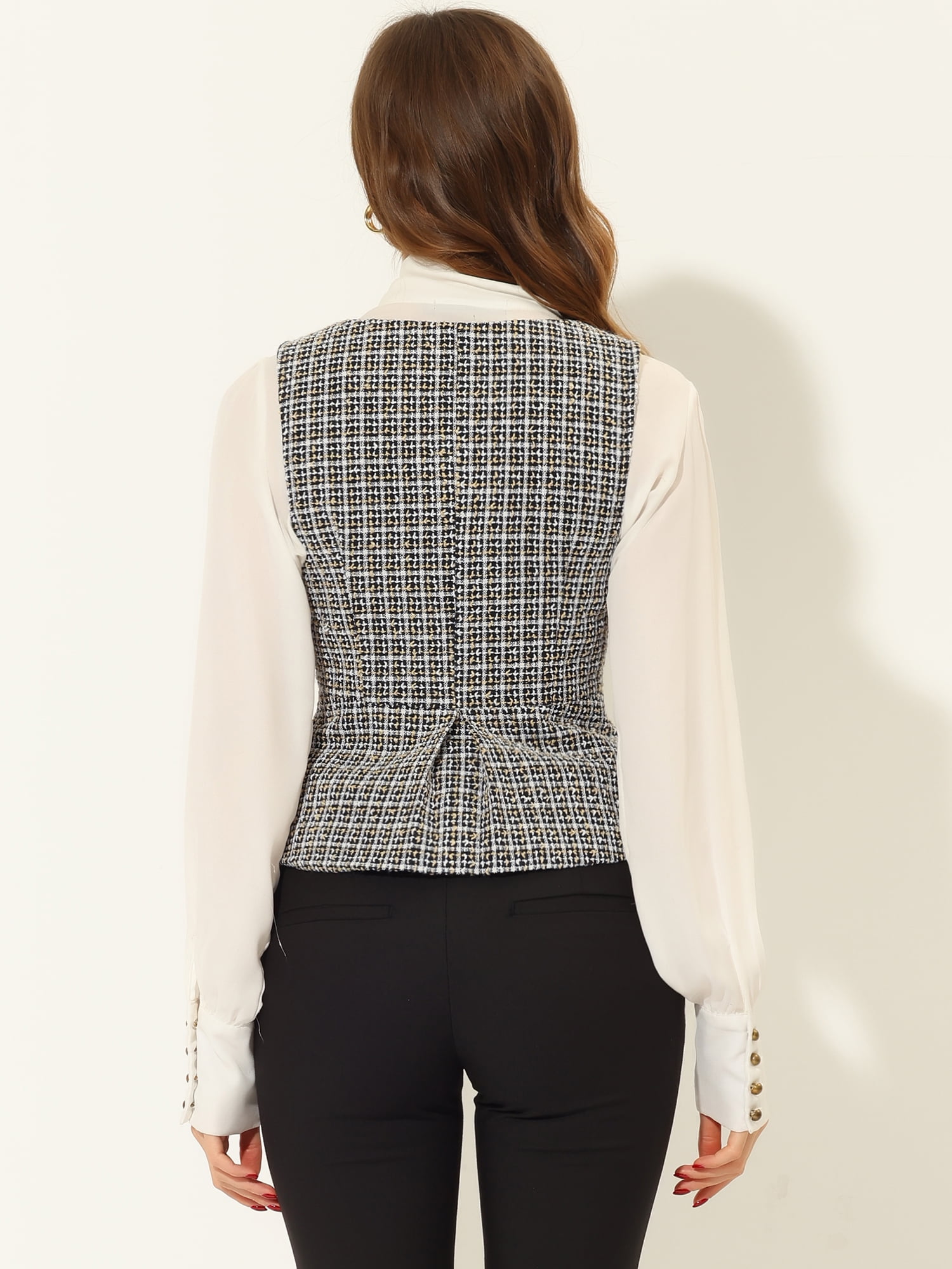 DARING DIVA Women's Plaid Double Breasted Tweed Vest Waistcoat XS Black