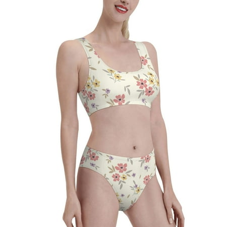Uemuo Floral Printed Women s High Waisted Bikini Sets Sporty Two Piece Swimsuits Color Block Cheeky High Cut Bathing Suits-Large