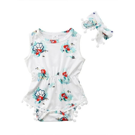 

CenturyX Newborn Baby Girls Summer Bodysuit Cartoon Mermaid Sleeveless Romper Headband Clothes Outfits White 0-6 Months